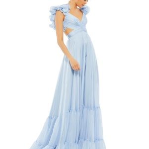 Mac Duggal Ruffle Tiered Cut-Out Chiffon Gown Powder Blue Size 8 NWT